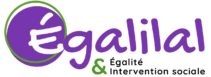 Logo - Noté Égalilal- écriture violette - Puis sous-titre en noir Égalité et Intervention sociale